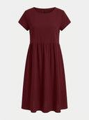 Maroon short-sleeve mini dress with gathered waist, front view on a white background.
