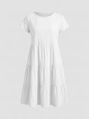 White short-sleeve tiered mini dress with round neck, front view on light gray background.