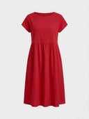 Red short-sleeve mini dress with gathered waist, front view on a white background.
