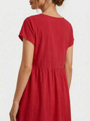 Red mini dress with short sleeves and gathered waist, back view.