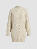Cream cable knit mini dress with mock neck and long sleeves, front view on a white background.