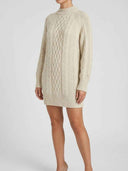 Cream cable knit mini dress with mock neck and ribbed trim, front view.