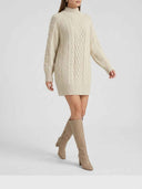 Cream cable knit mini dress with high neck and long sleeves, front view.
