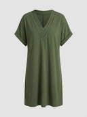 Olive green mini dress with ruched V-neck and cuffed short sleeves, front view on a white background.