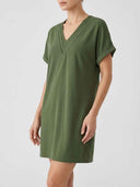 Olive green mini dress with ruched V-neck and cuffed sleeves, angled front view.