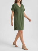 Olive green mini dress with ruched V-neck and cuffed sleeves, angled view.