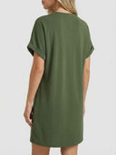 Olive green mini dress with rolled short sleeves, back view.
