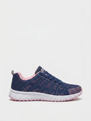 Blue and pink gel-cushioned lace-up trainers with mesh upper and white rubber outsole, side view on white background.