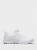 White gel-cushioned lace-up trainers with breathable knit mesh upper and textured rubber outsole, side view on white background.