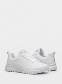 Pair of white knit mesh trainers with cushioned midsole and rubber outsole, angled three-quarter view on white background.