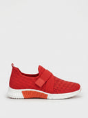 Red slip-on knit trainer with sparkle-studded upper, elasticated midfoot strap, and white sole — side view.