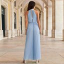 Light blue pleated jumpsuit with halter neck and open back, back view.