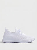 White perforated knit lace-up trainer with thick white cupsole, side view on white background.