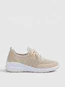 Beige perforated knit lace-up trainer with white EVA cupsole, side view on white background.