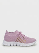 Lavender mesh orthopaedic trainer with gold stripe detailing and segmented white sole, side view.