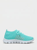 Turquoise mesh orthopaedic trainer with silver stripe panel and white segmented sole, side view.