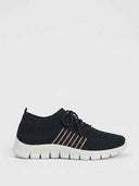 Navy blue cushioned mesh orthopaedic trainer with tonal stripe panel and segmented white EVA sole, side view.