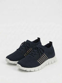 Navy blue mesh knit trainers with tan stripe panel and segmented white sole, angled view on white background.