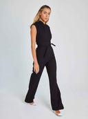 Black sleeveless jumpsuit with tie waist, angled front view on white background.