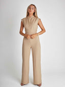 Tan sleeveless jumpsuit with wide legs and a high collar, front view.