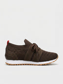 Brown mesh trainers with knit upper, white midsole, and gum tread outsole, side view on white background.