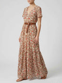 Beige floral maxi dress with short sleeves and brown belt, angled front view.
