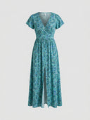 Teal paisley print mini dress with V-neck and front slit, front view.