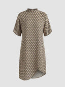 Beige knee-length dress with black geometric pattern, short sleeves, and mock neck, front view.