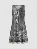 Gray floral sleeveless midi dress with buttoned V-neck and patterned hem, front view.