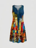 Sleeveless midi dress with colorful abstract floral pattern and V-neck, front view.
