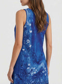 Blue floral sleeveless midi dress, back angled view.