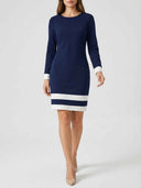 Navy mini dress with white cuffs and two white stripes near the hem, front view.