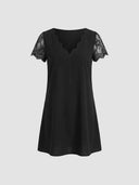 Black midi dress with scalloped V-neck and lace short sleeves, front view on a white background.